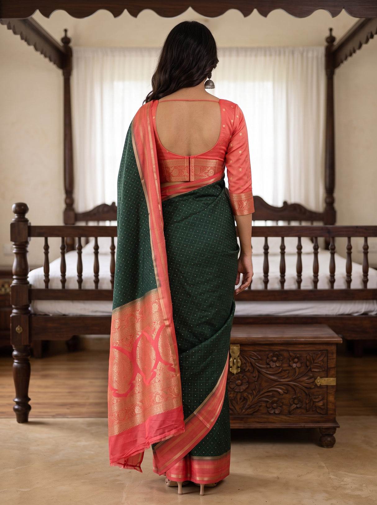 MIMOSA Bottle Green Saree Saree — pose 2 styling detail