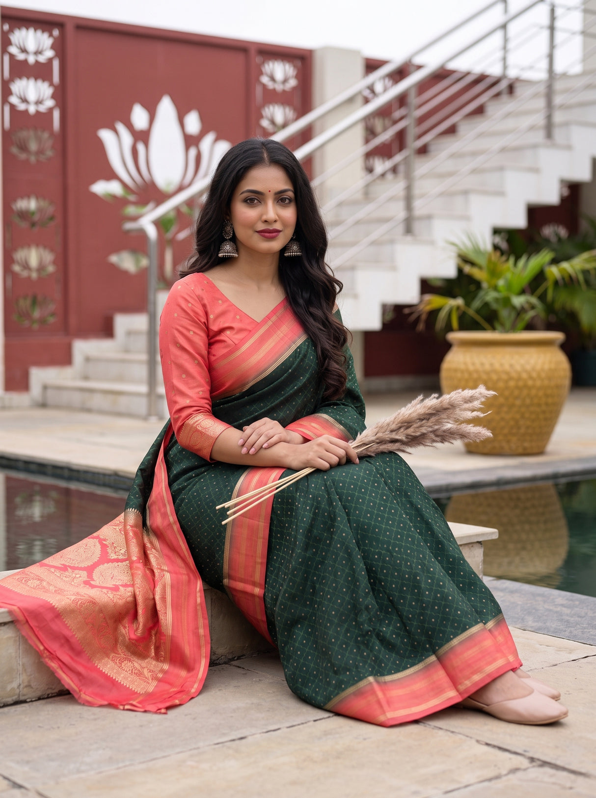 MIMOSA Bottle Green Saree Saree — pose 8 styling detail