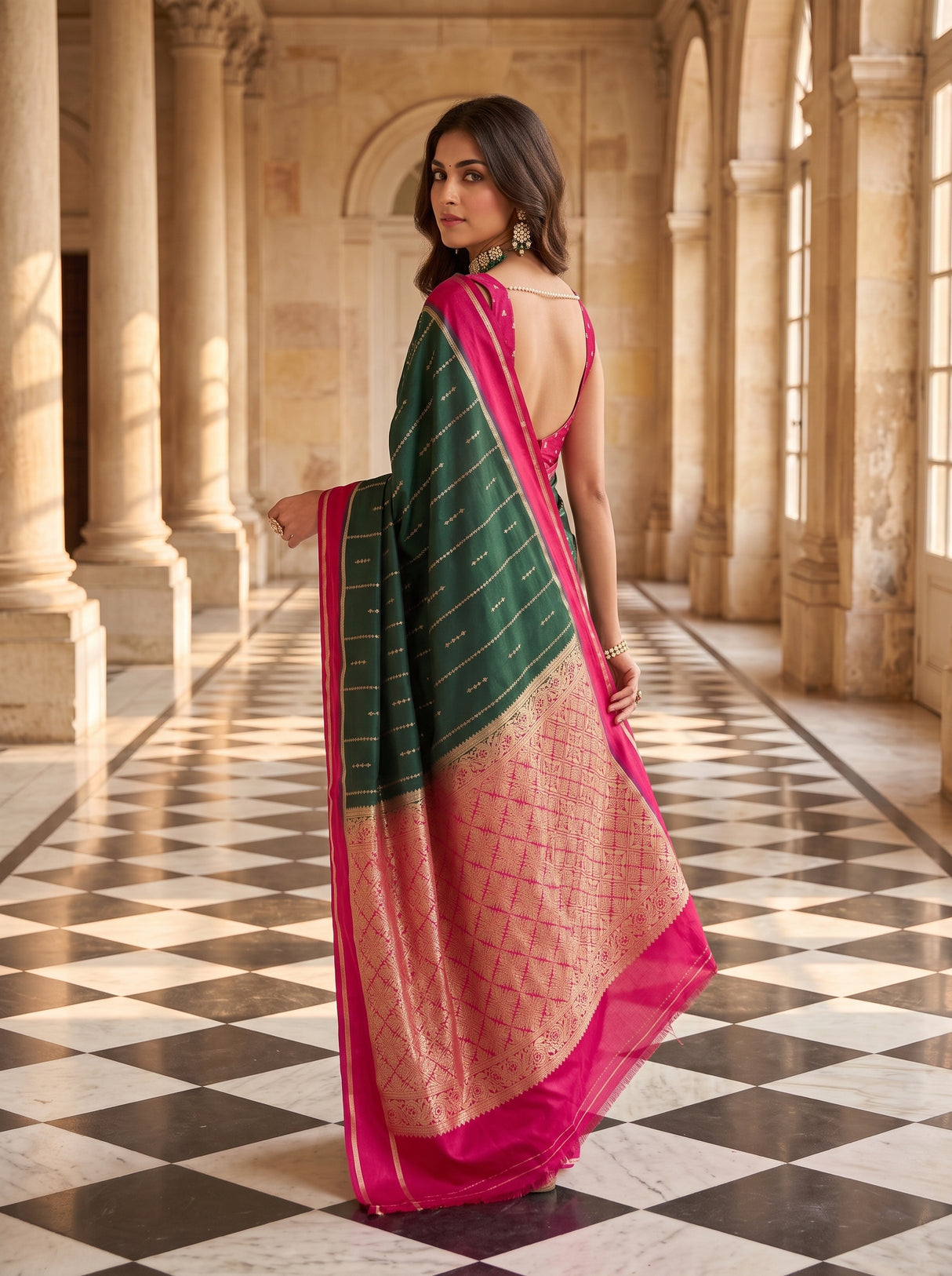 MIMOSA Bottle Green Saree Saree — pose 9 styling detail