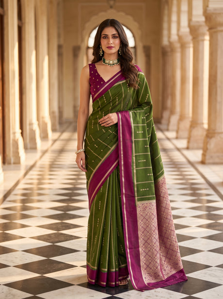MIMOSA Olive Saree Saree — front view on mannequin