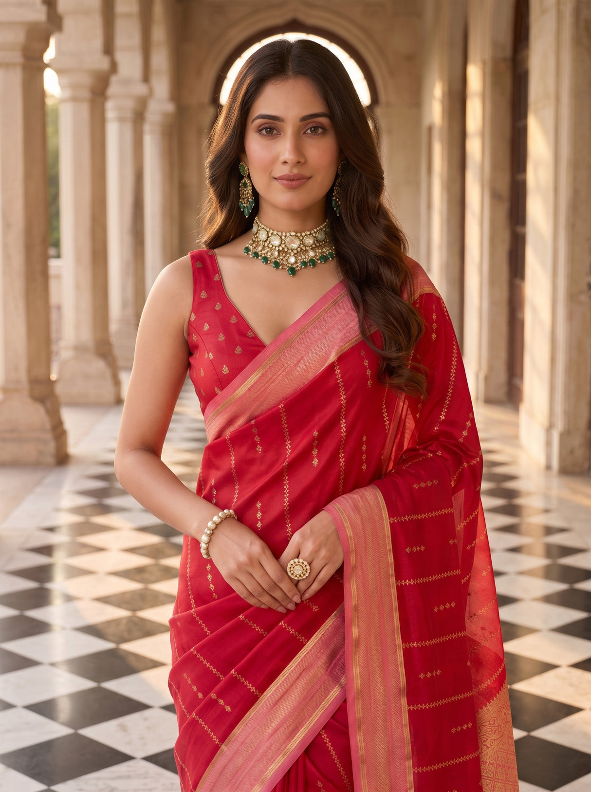 MIMOSA Red Saree Saree — pose 10 styling detail