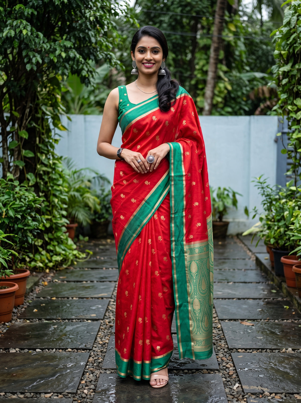 MIMOSA Red Mysore Silk Saree — front view on mannequin