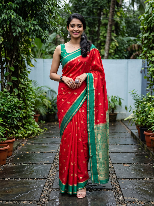 MIMOSA Red Mysore Silk Saree — front view on mannequin