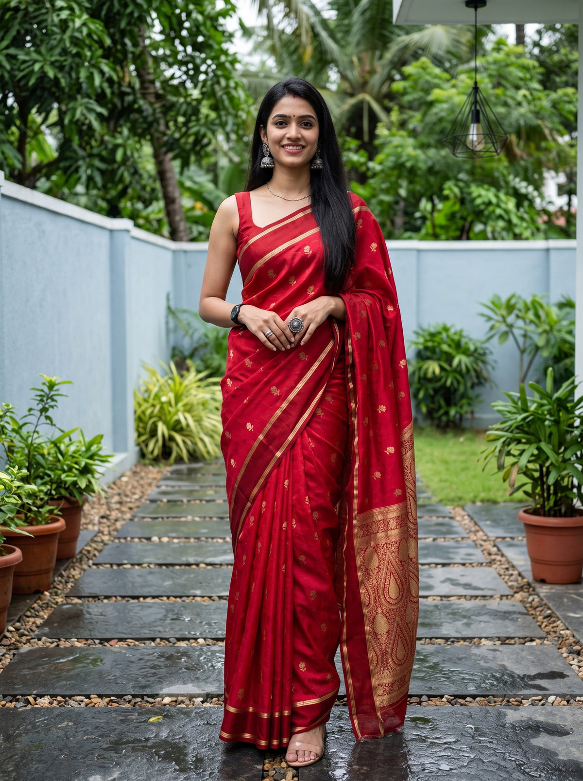 MIMOSA Strawberry Mysore Silk Saree — front view on mannequin