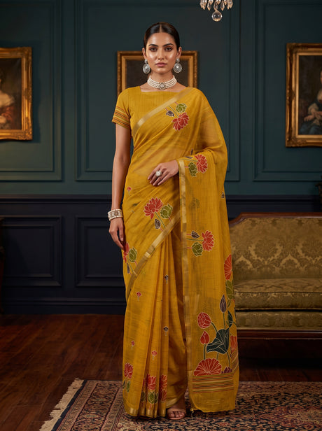 MIMOSA Gold Saree Saree — front view on mannequin