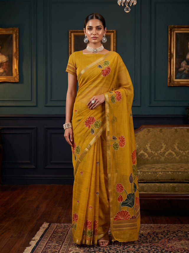 MIMOSA Gold Saree Saree — front view on mannequin