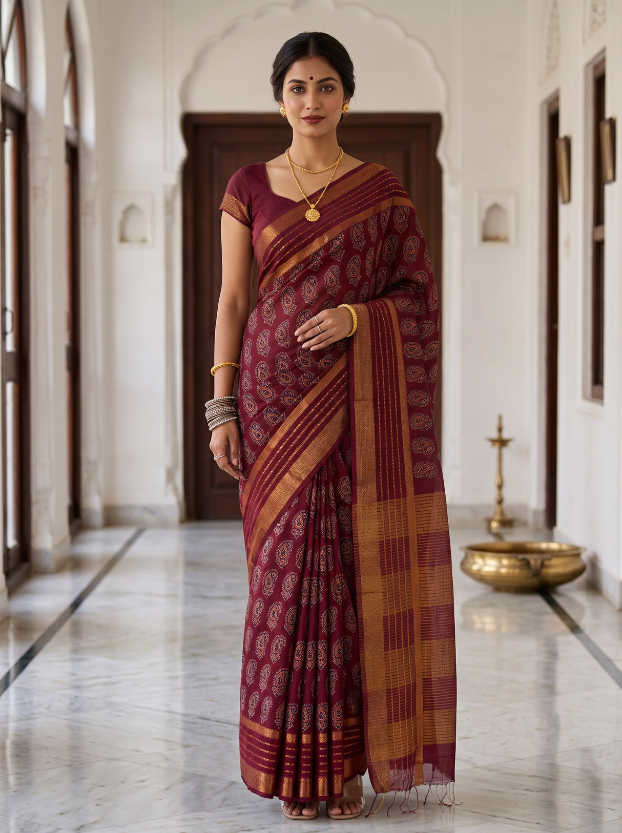 MIMOSA Maroon Saree Saree — front view on mannequin