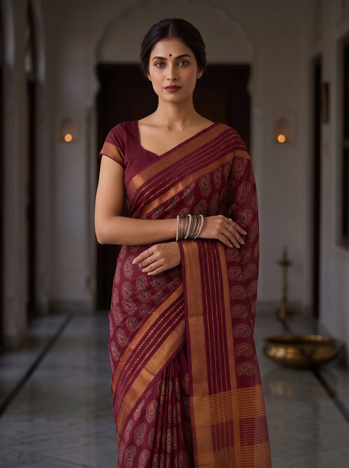 MIMOSA Maroon Saree Saree — pose 10 styling detail