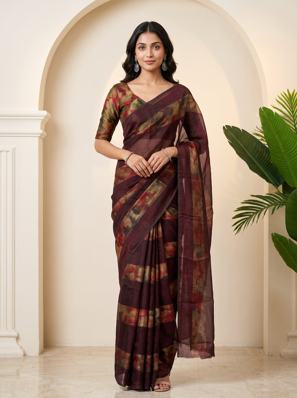 MIMOSA Chocolate Saree Saree — front view on mannequin
