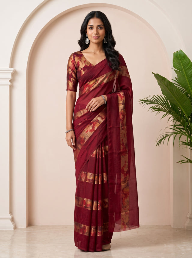 MIMOSA Maroon Saree Saree — front view on mannequin