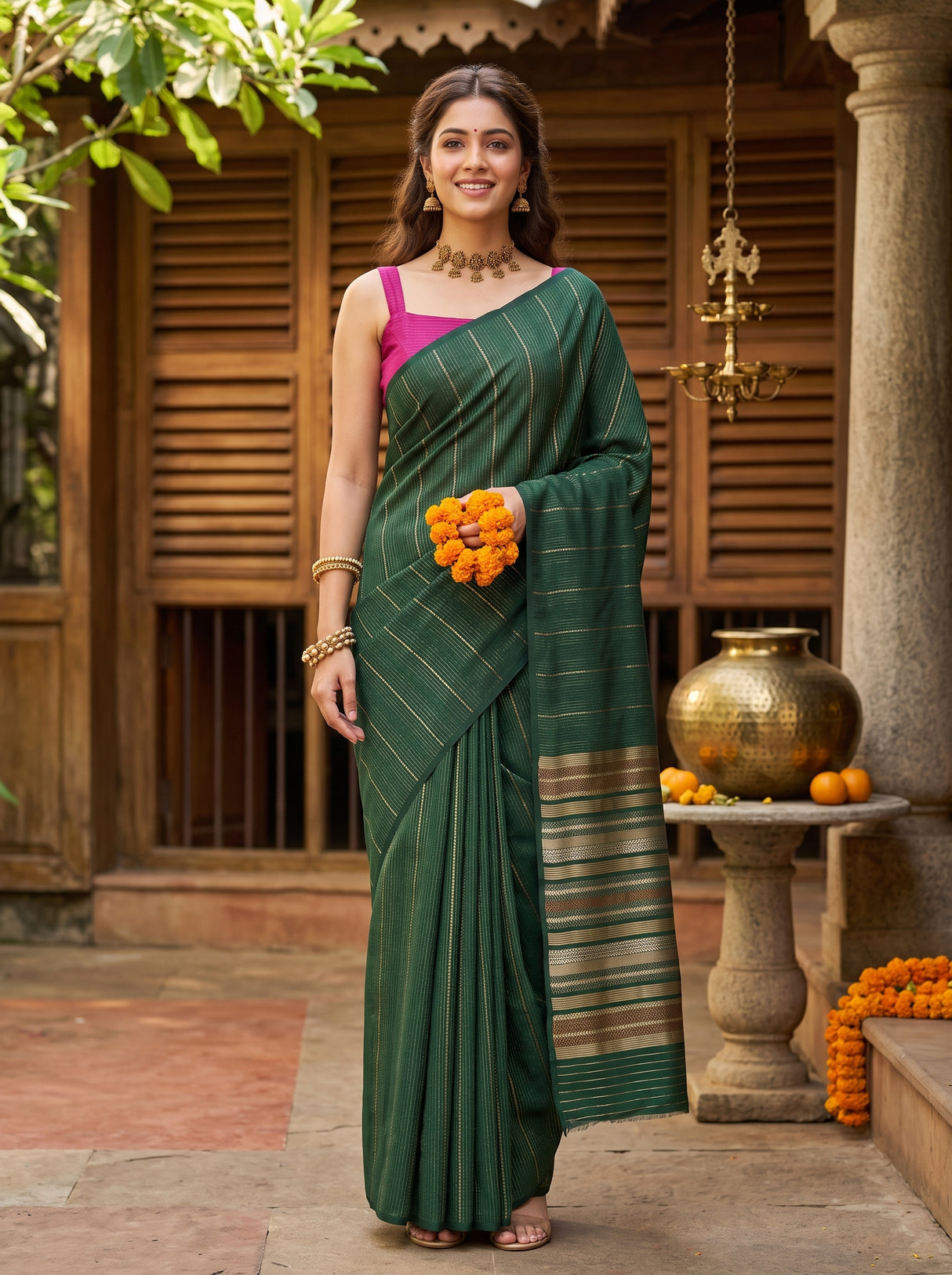 MIMOSA Bottle Green Saree Saree — front view on mannequin
