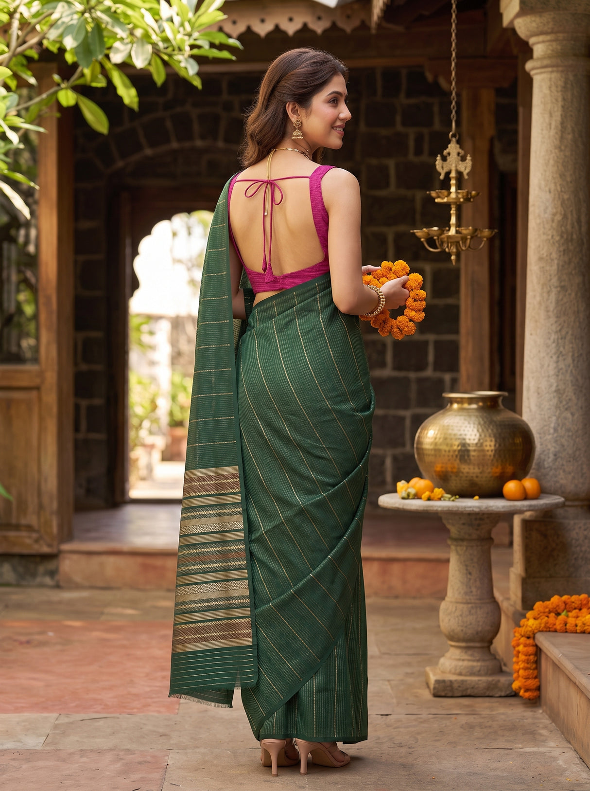 MIMOSA Bottle Green Saree Saree — pose 2 styling detail