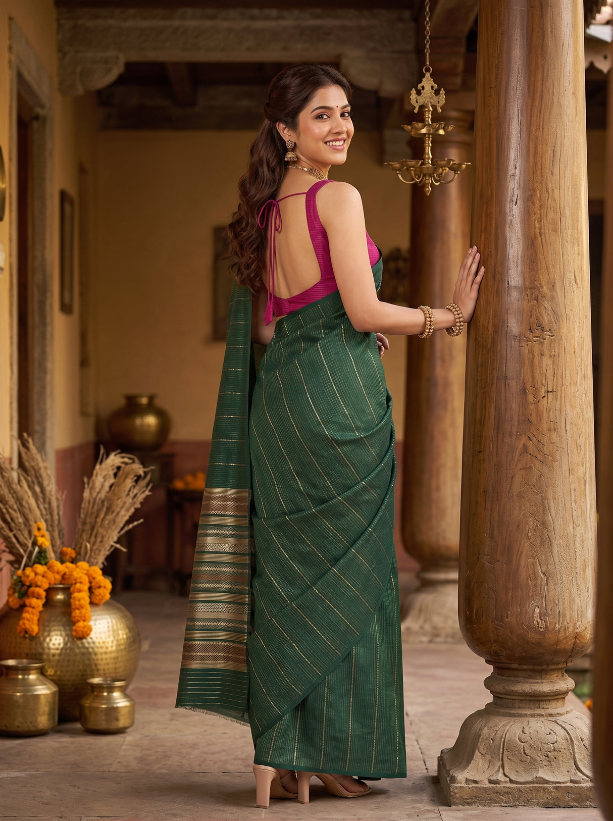 MIMOSA Bottle Green Saree Saree — pose 7 styling detail