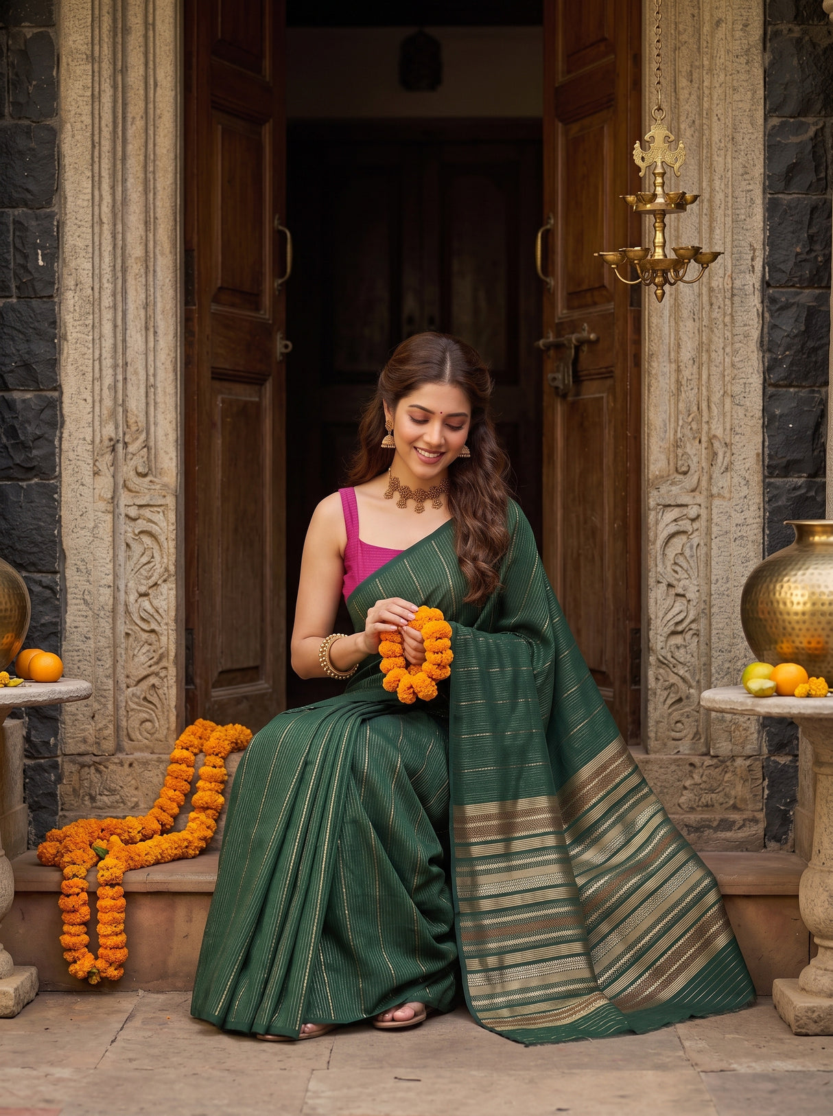 MIMOSA Bottle Green Saree Saree — pose 8 styling detail