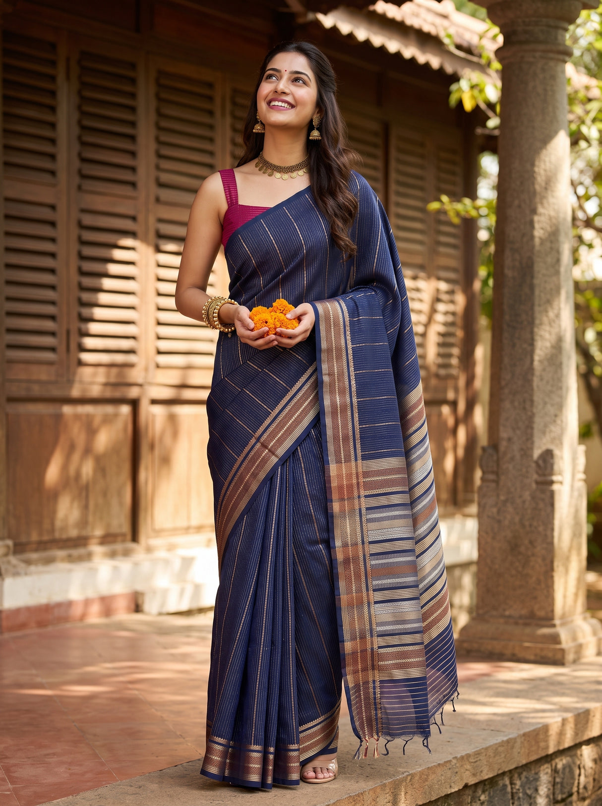 MIMOSA Navy Saree Saree — front view on mannequin