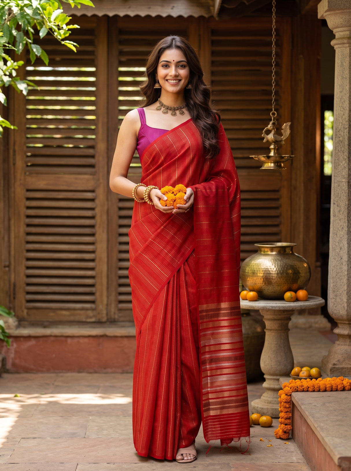 MIMOSA Orange Saree Saree — front view on mannequin