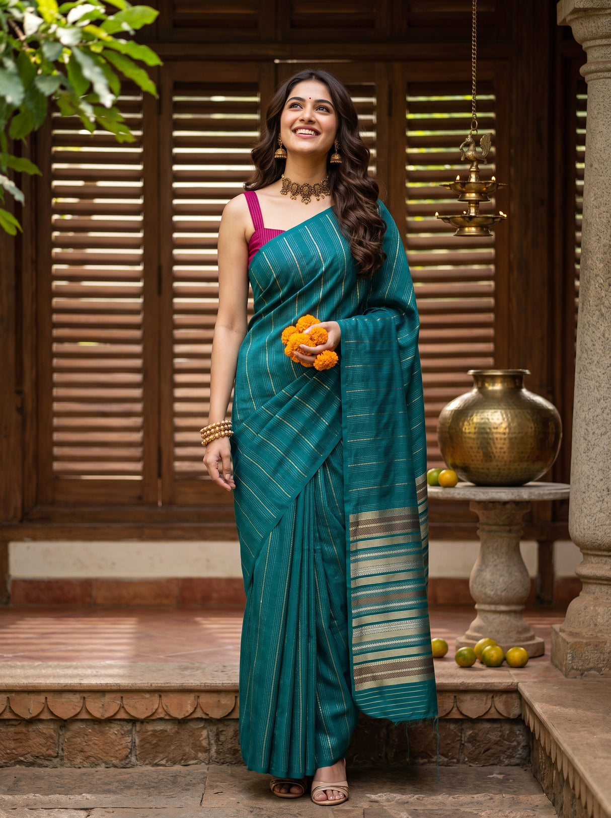 MIMOSA Sapphire Saree Saree — front view on mannequin