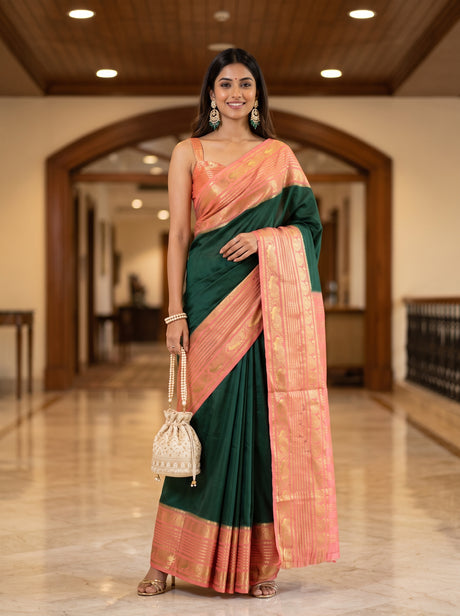 MIMOSA Bottle Green Saree Saree — front view on mannequin