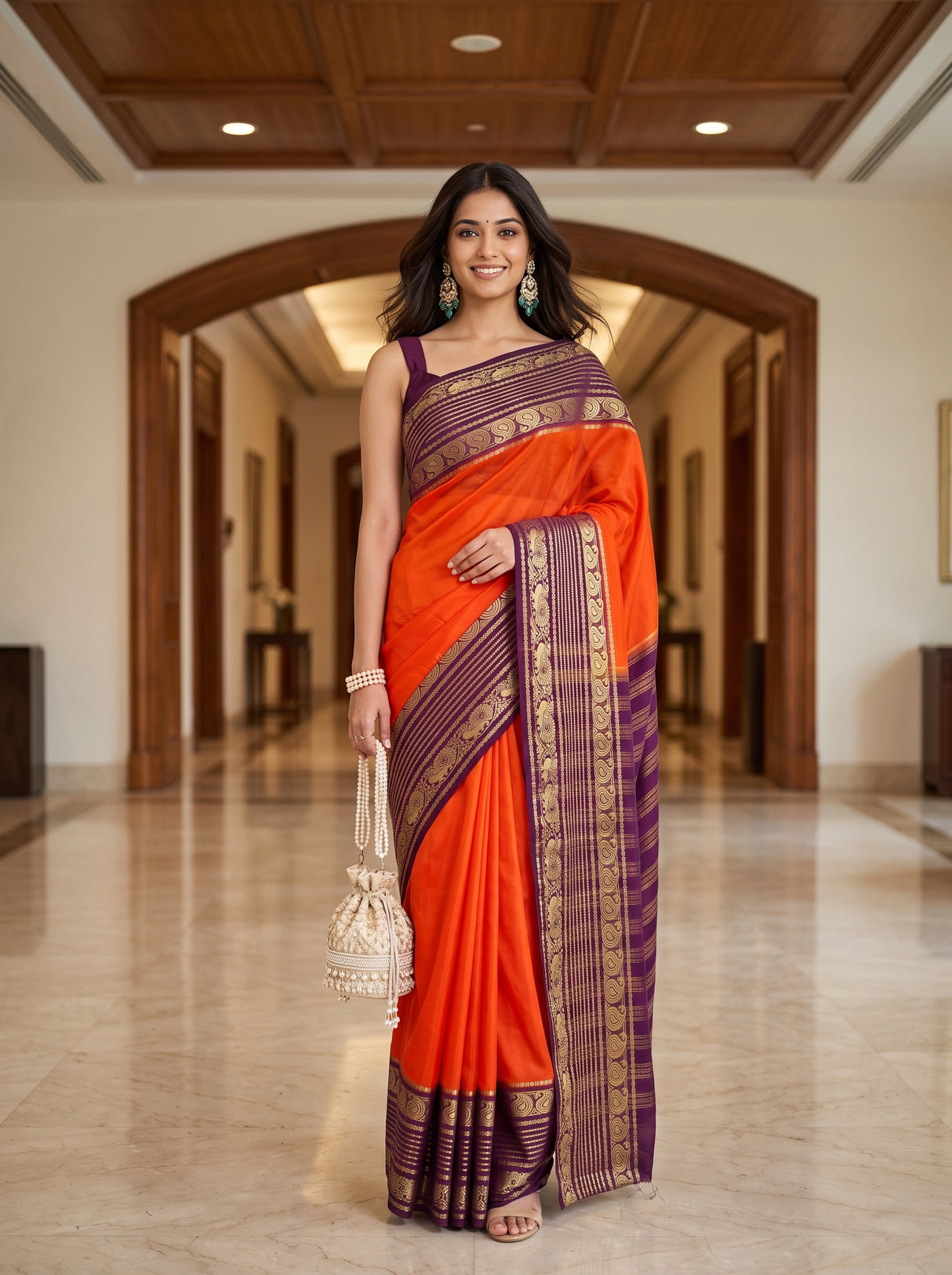 MIMOSA Orange Saree Saree — front view on mannequin