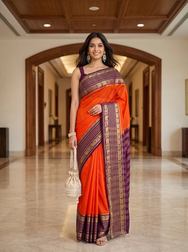 MIMOSA Orange Saree Saree — front view on mannequin