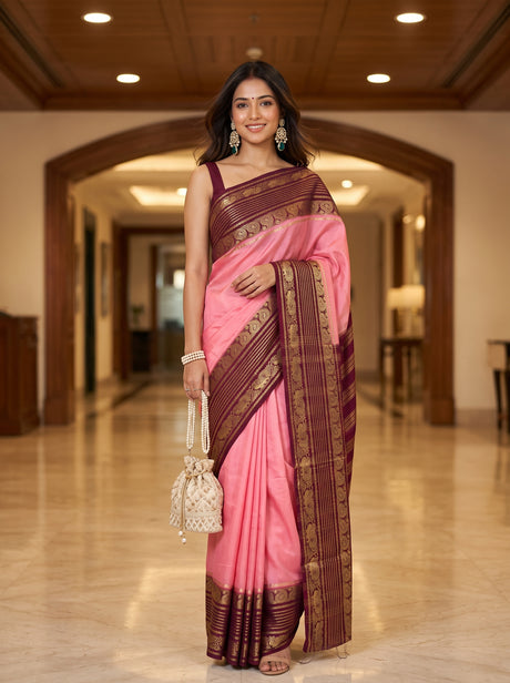 MIMOSA Pink Saree Saree — front view on mannequin