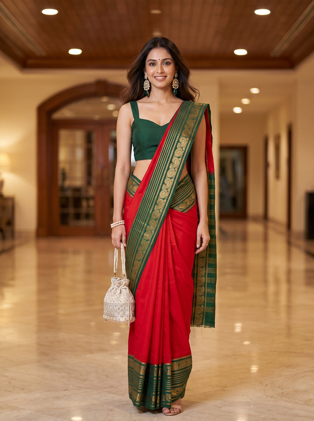 MIMOSA Red Saree Saree — front view on mannequin