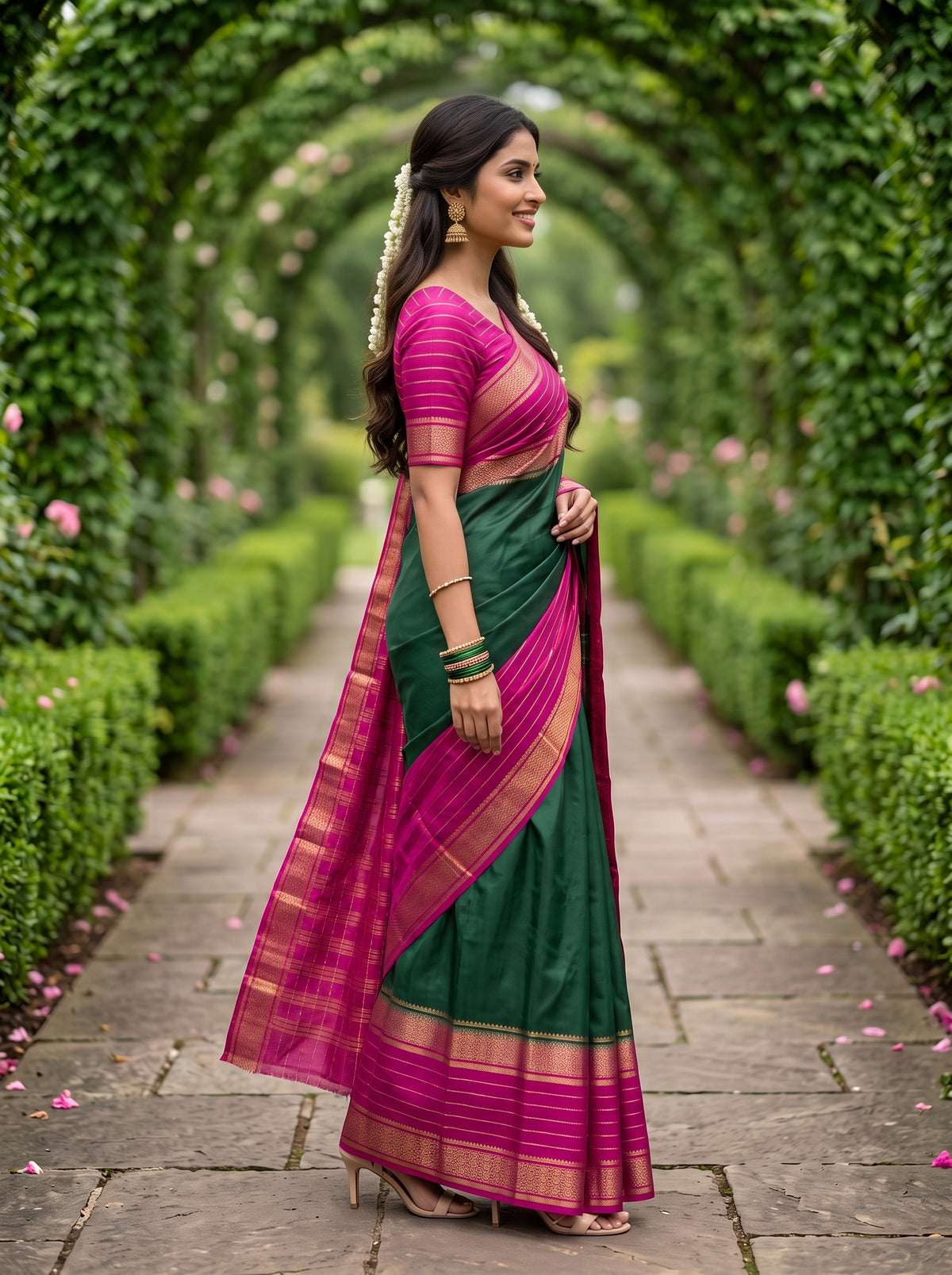 MIMOSA Bottle Green Mysore Silk crepe Saree — Close-up face