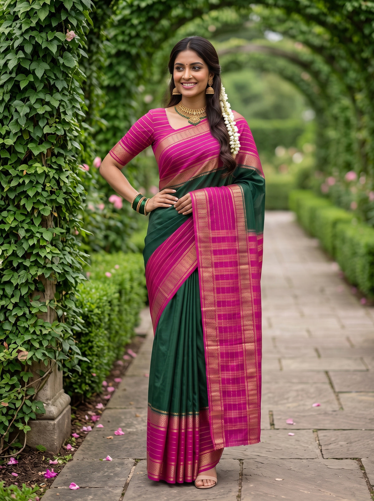 MIMOSA Bottle Green Mysore Silk crepe Saree — Saree detail