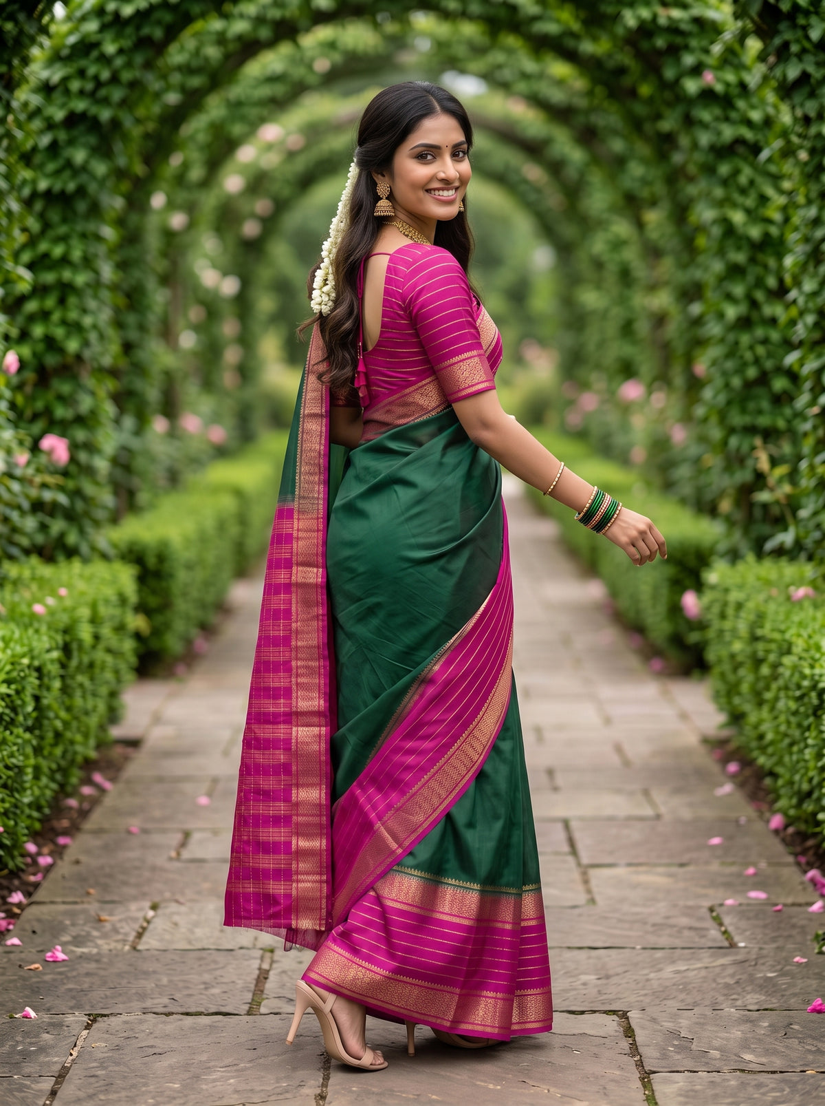 MIMOSA Bottle Green Mysore Silk crepe Saree — Model hand detail