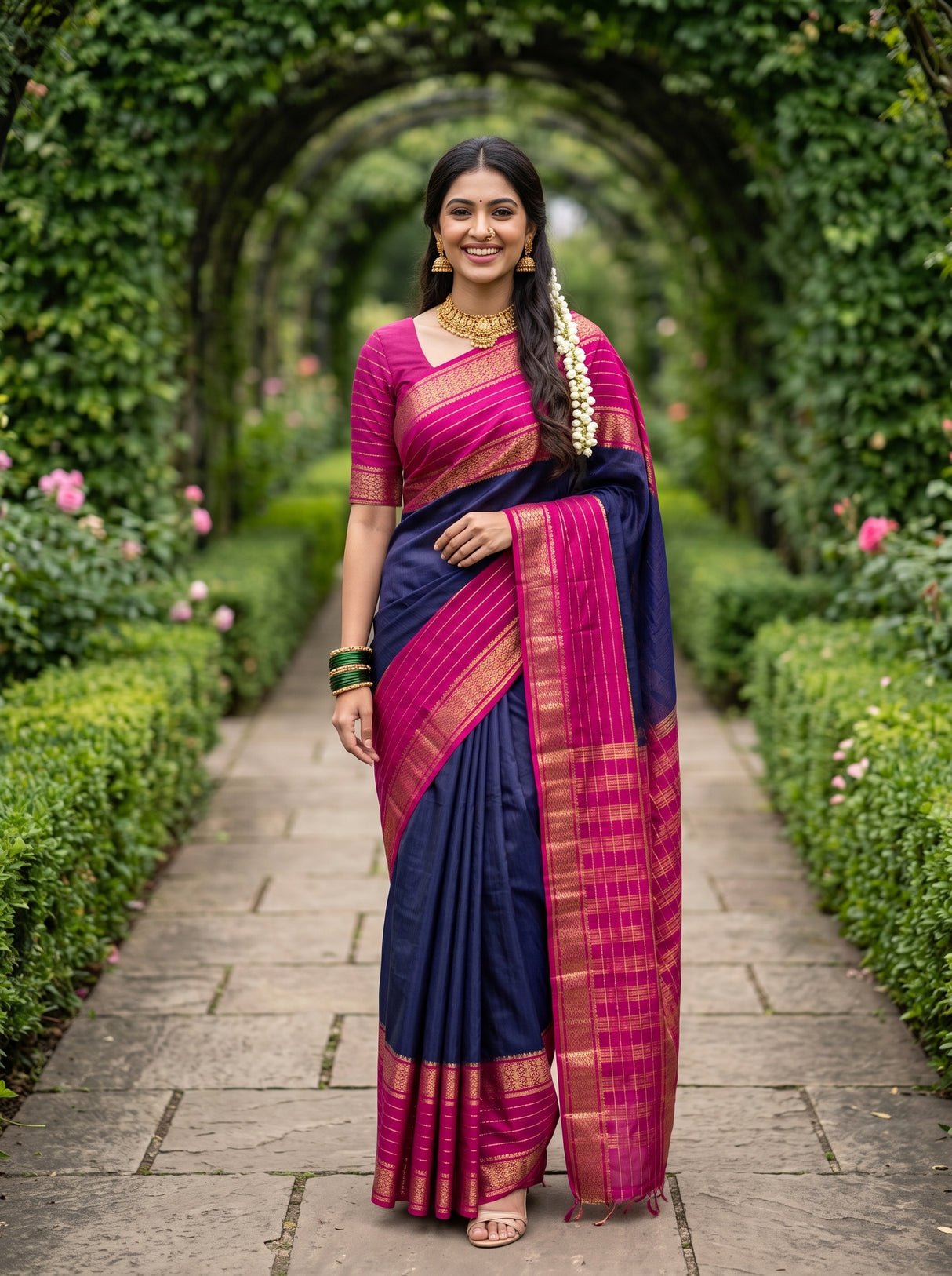 MIMOSA Navy Mysore Silk crepe Saree — Full pose