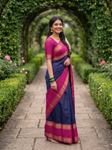 MIMOSA Navy Mysore Silk crepe Saree — Close-up face