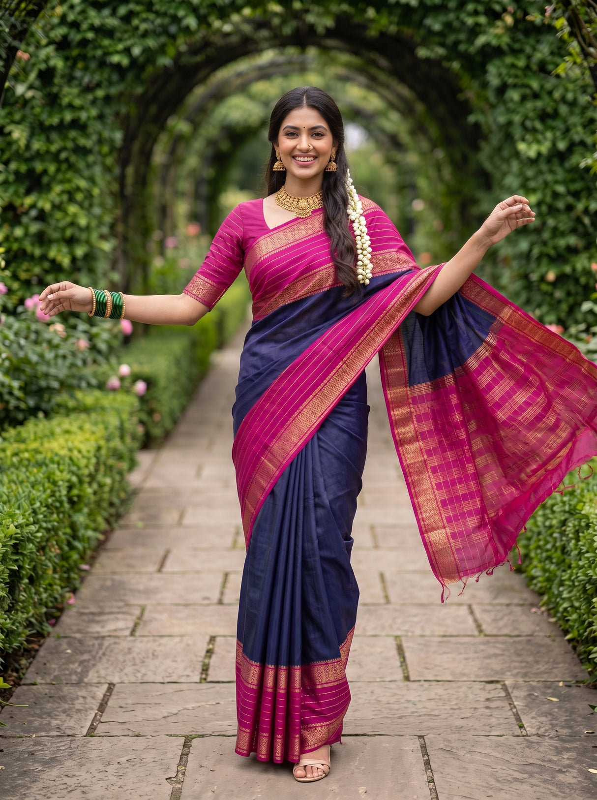MIMOSA Navy Mysore Silk crepe Saree — Model lifestyle