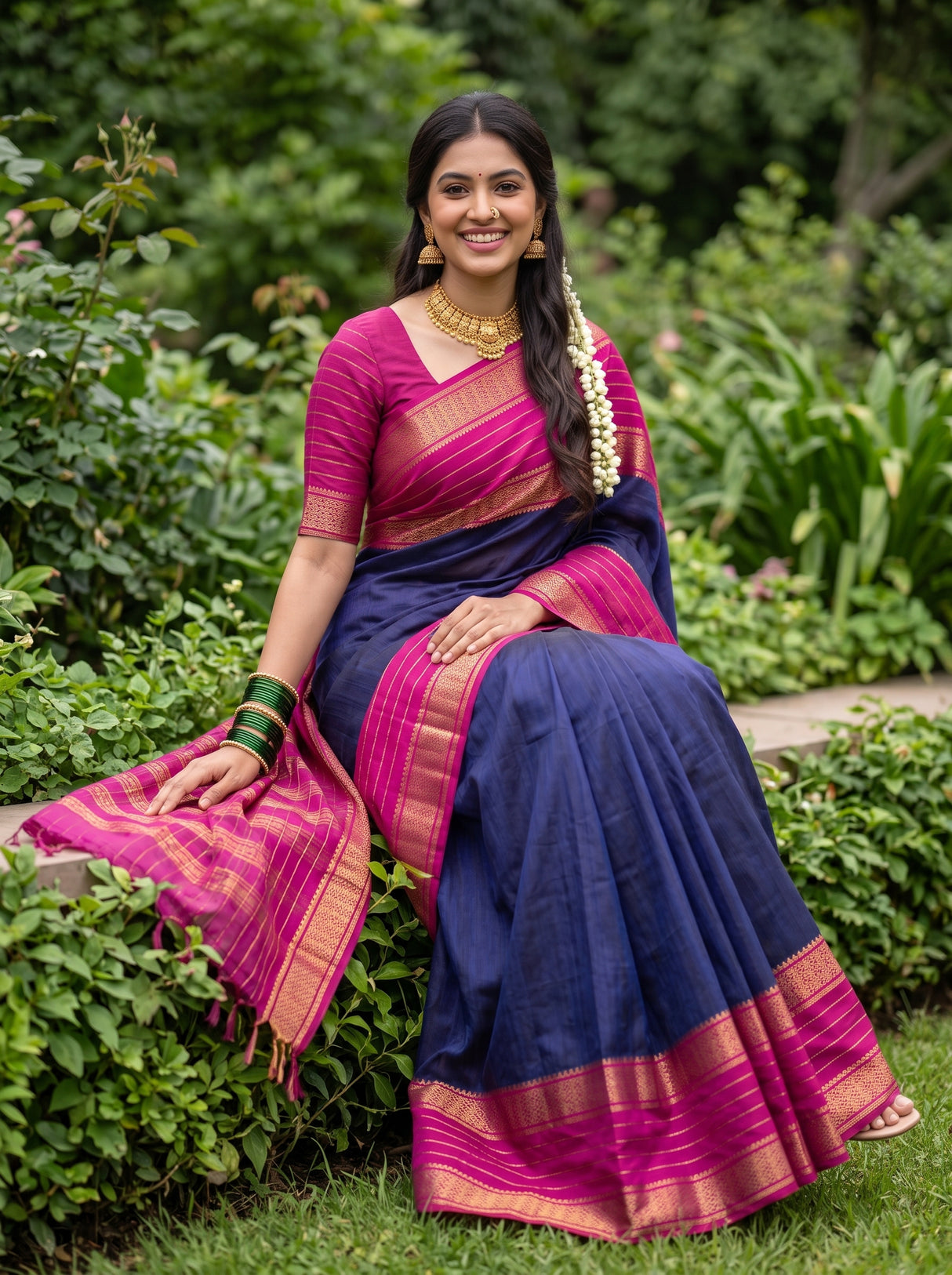 MIMOSA Navy Mysore Silk crepe Saree — Saree drape detail
