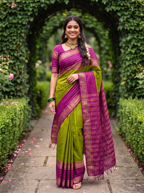 MIMOSA Olive Mysore Silk crepe Saree — Full pose