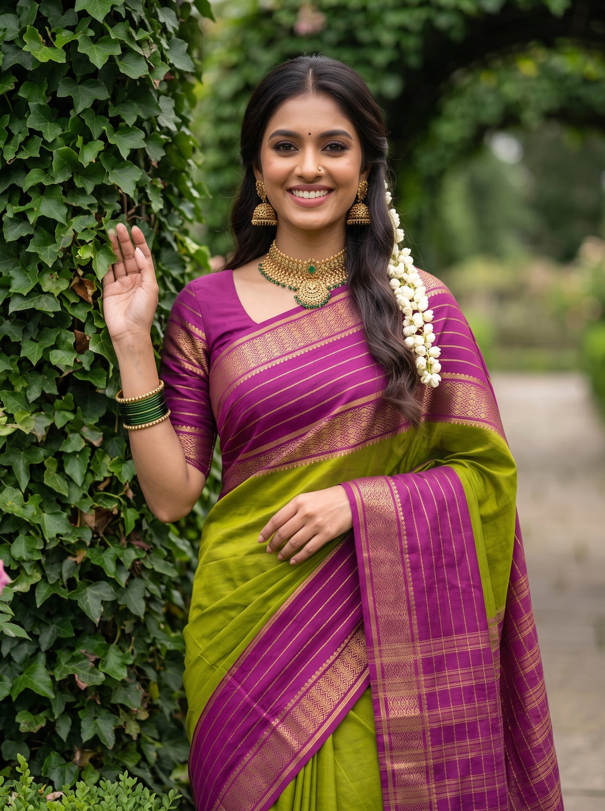 MIMOSA Olive Mysore Silk crepe Saree — Saree pleats detail