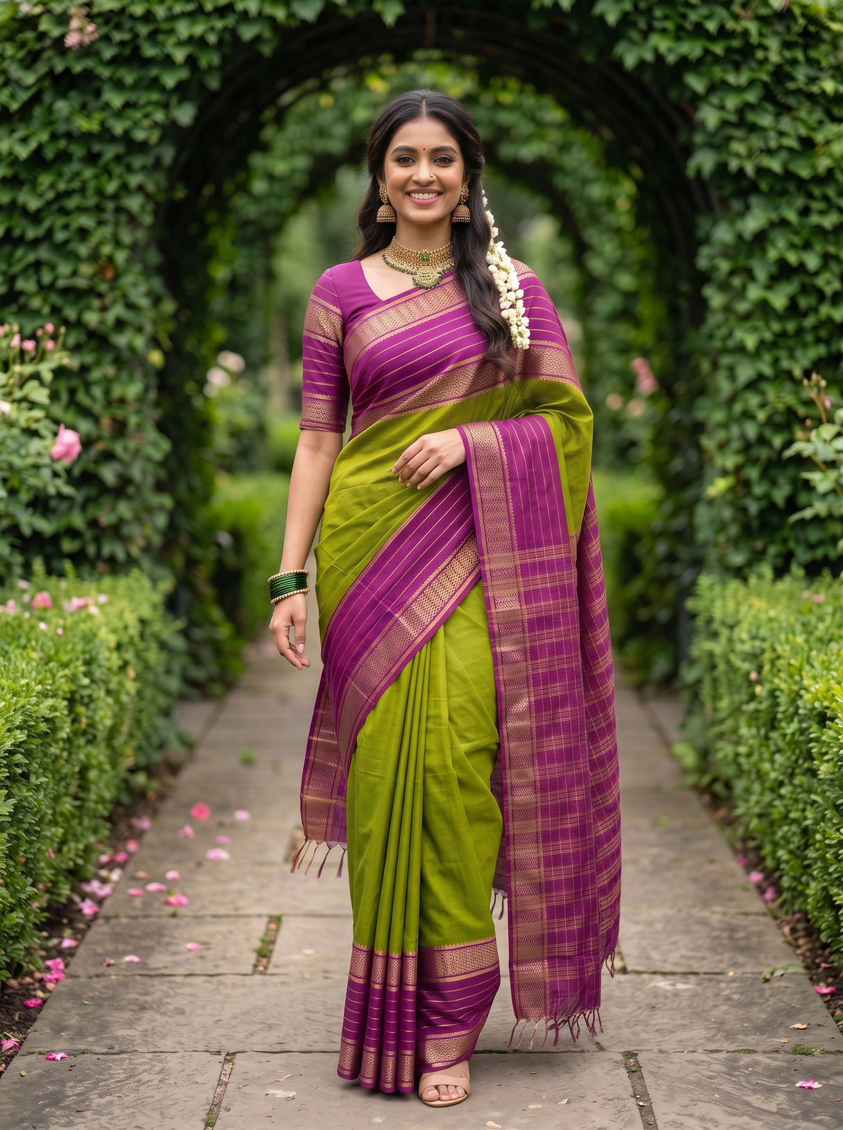 MIMOSA Olive Mysore Silk crepe Saree — Model hand detail