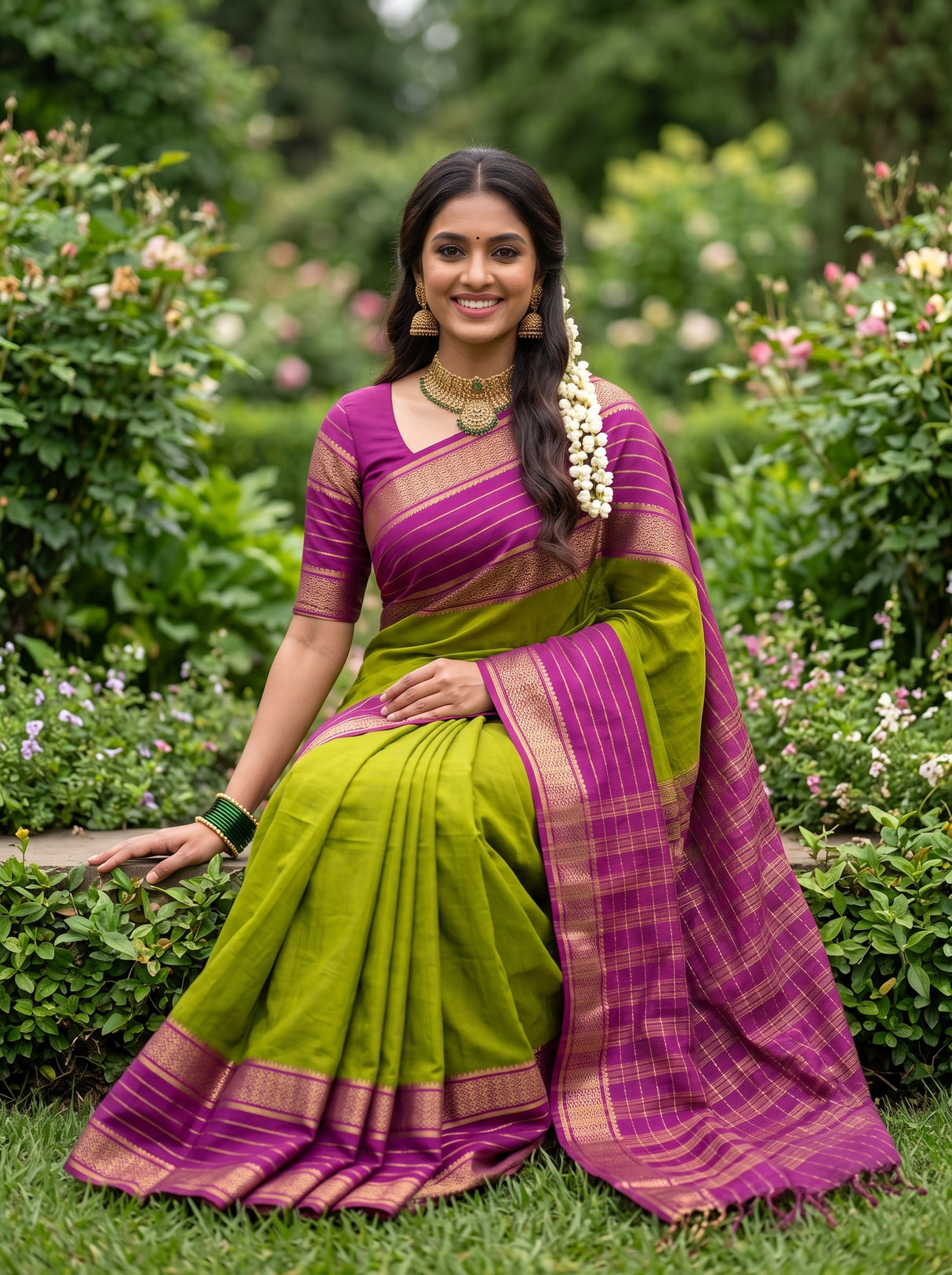 MIMOSA Olive Mysore Silk crepe Saree — Model feet detail