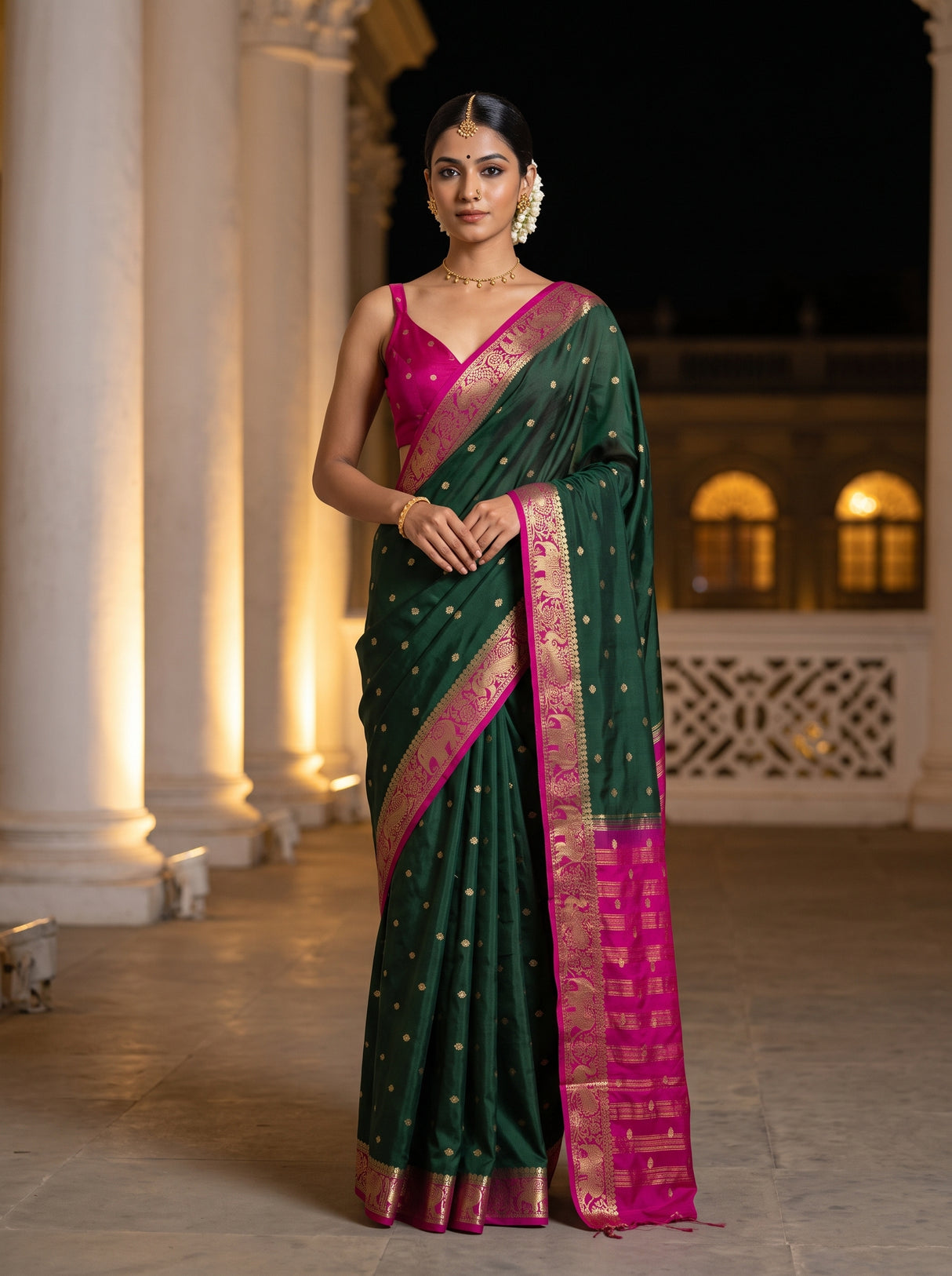 MIMOSA Bottle Green Saree Saree — front view on mannequin