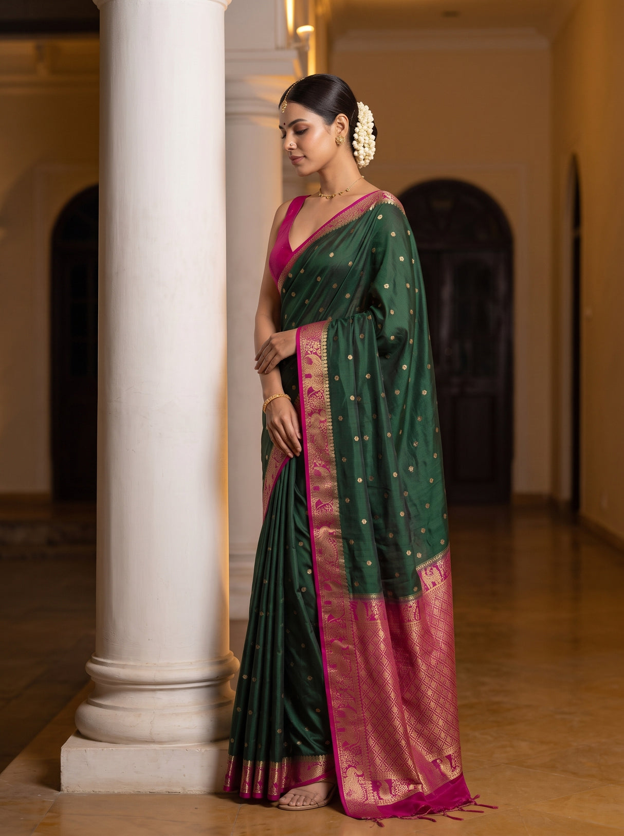 MIMOSA Bottle Green Saree Saree — pose 3 styling detail