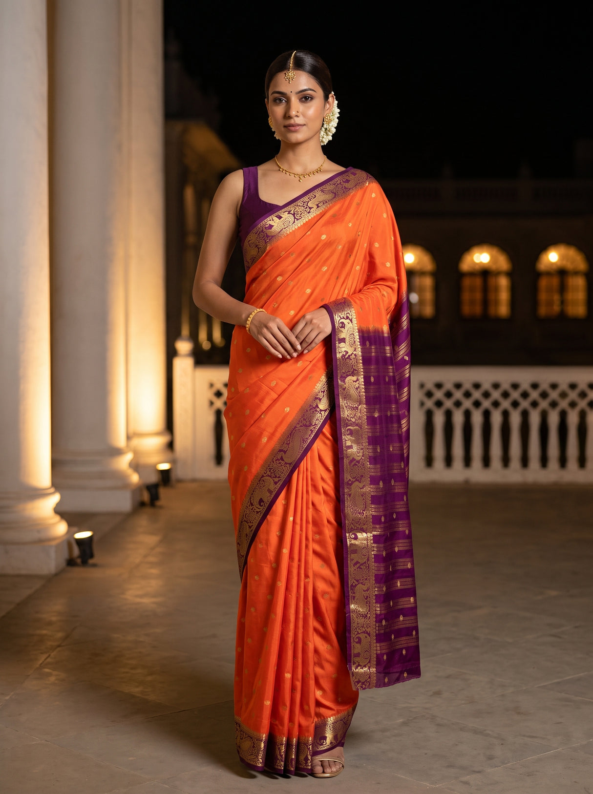 MIMOSA Peach Saree Saree — front view on mannequin