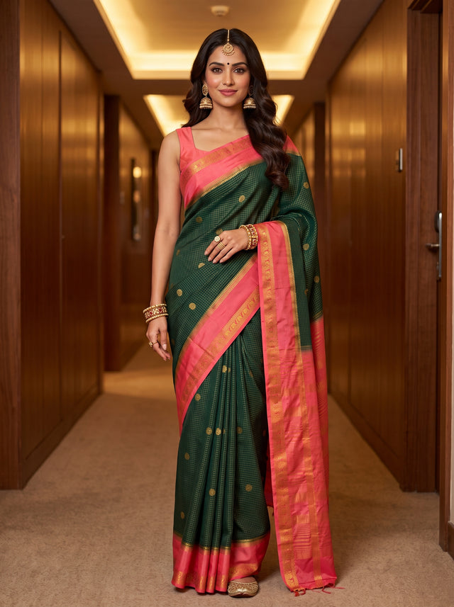 MIMOSA Bottle Green Saree Saree — front view on mannequin