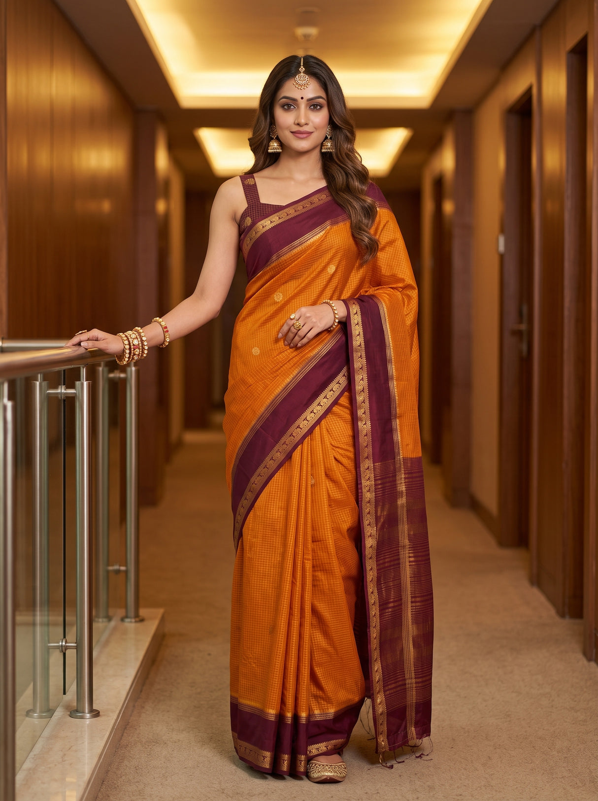 MIMOSA Gold Saree Saree — front view on mannequin