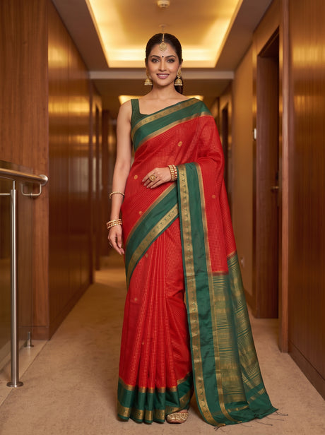 MIMOSA Red Saree Saree — front view on mannequin