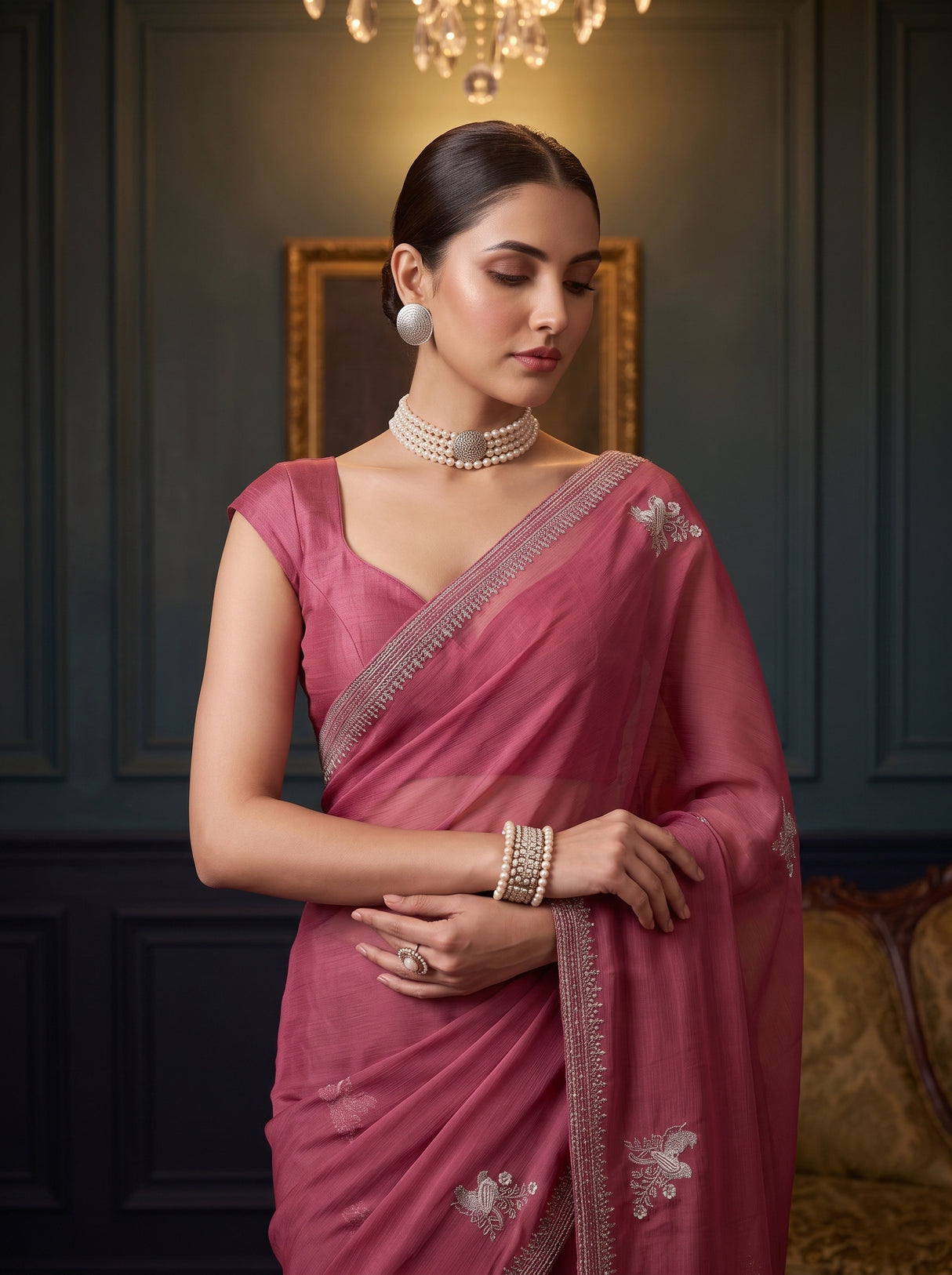 MIMOSA Gajari Banarasi chiffon Saree — pose 10 styling detail