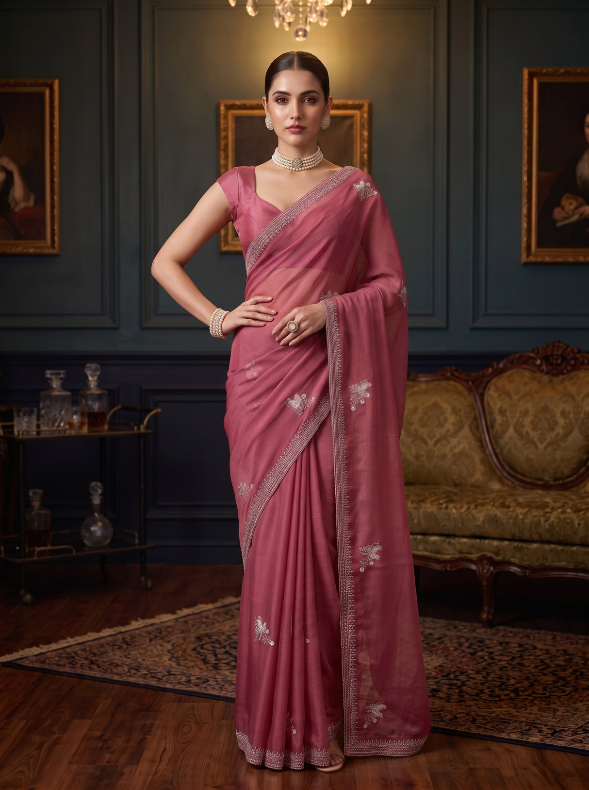 MIMOSA Gajari Banarasi chiffon Saree — pose 4 styling detail
