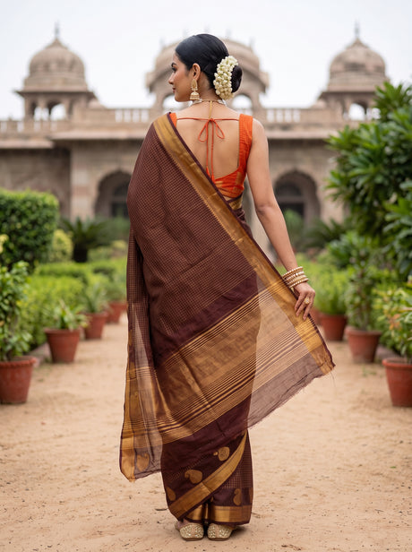 MIMOSA Chocolate Kanjivaram Art Silk Saree — Saree pallu and body shot