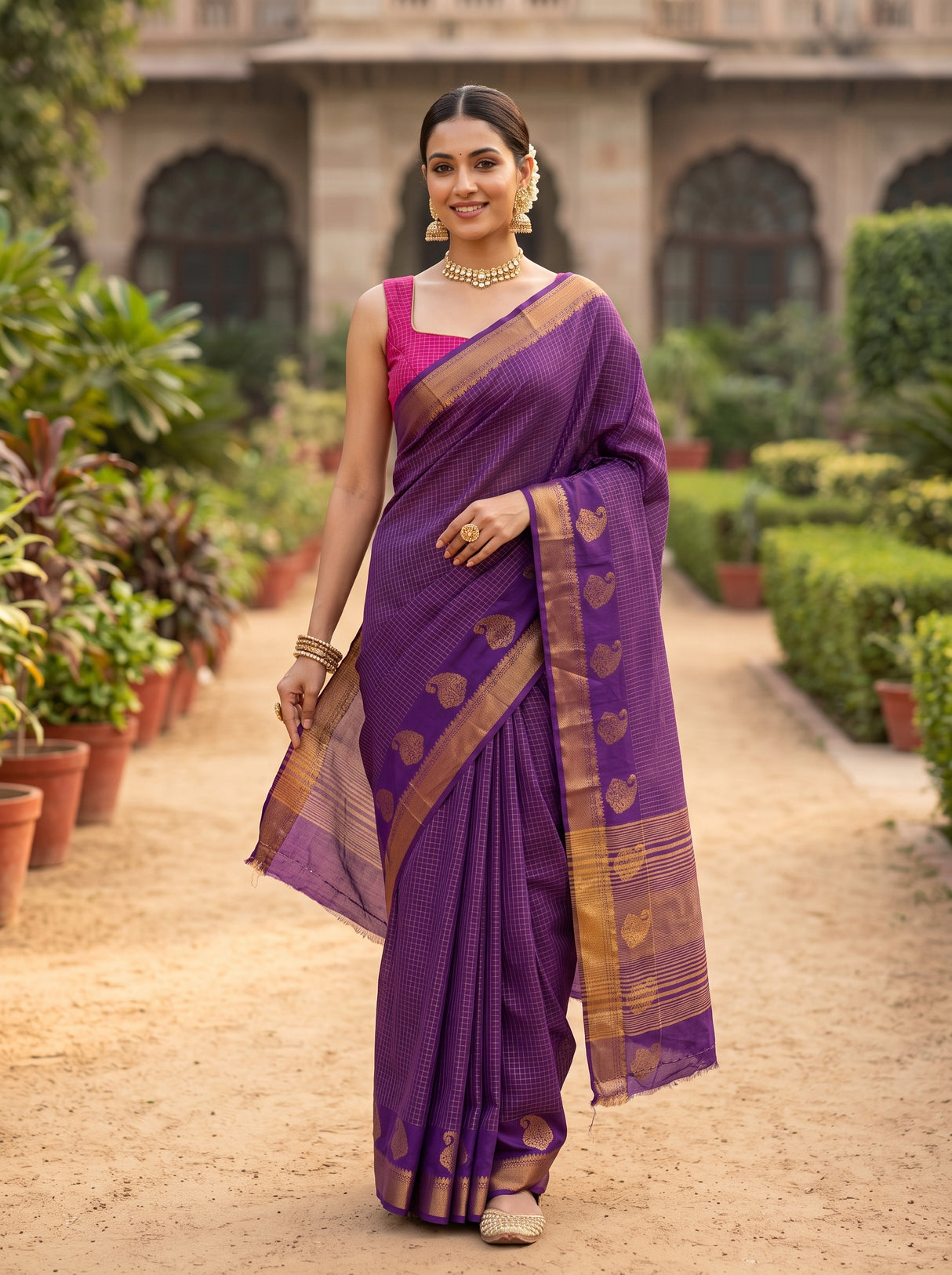 MIMOSA Jamun Kanjivaram Art Silk Saree — Model lifestyle pose