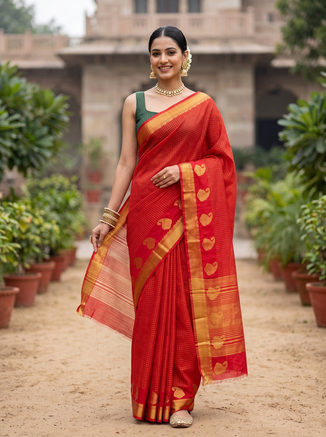 MIMOSA Red Kanjivaram Art Silk Saree — Model lifestyle pose