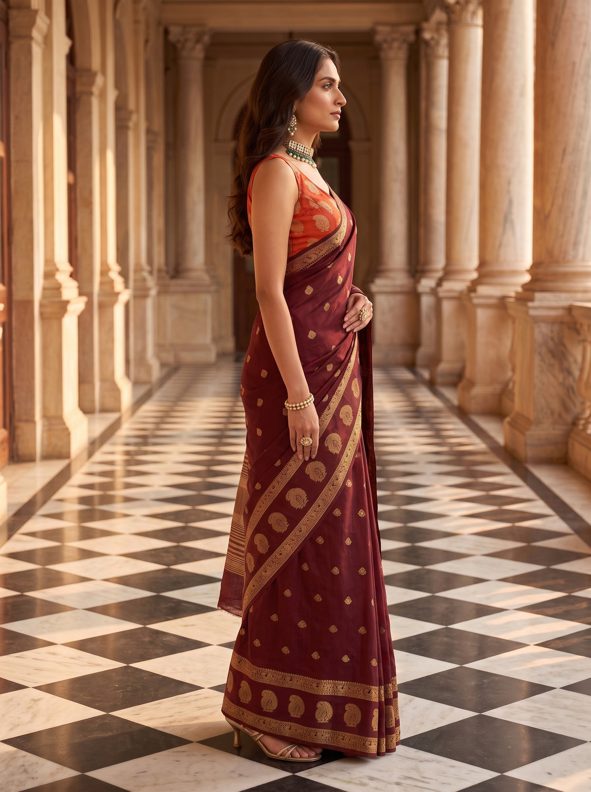MIMOSA Chocolate Saree Saree — pose 3 styling detail