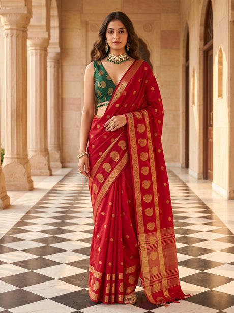 MIMOSA Red Saree Saree — front view on mannequin